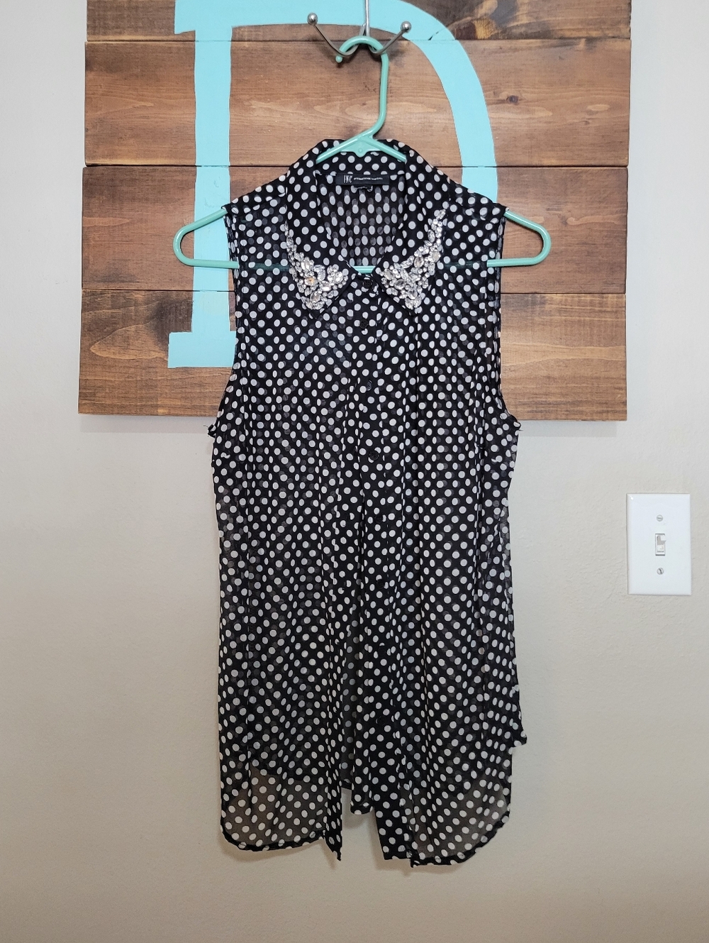 Inc International Sleeveless Black Polka Dot Embellished Collar Twee Blouse